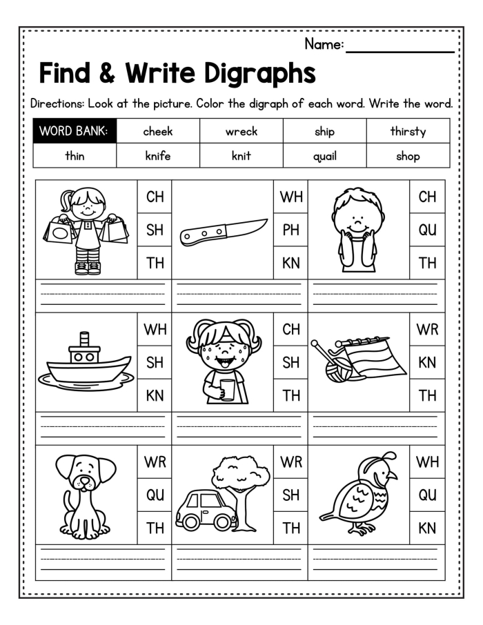 First grade phonics worksheet focusing on identifying and grouping words with wh sh ch and th digraphs