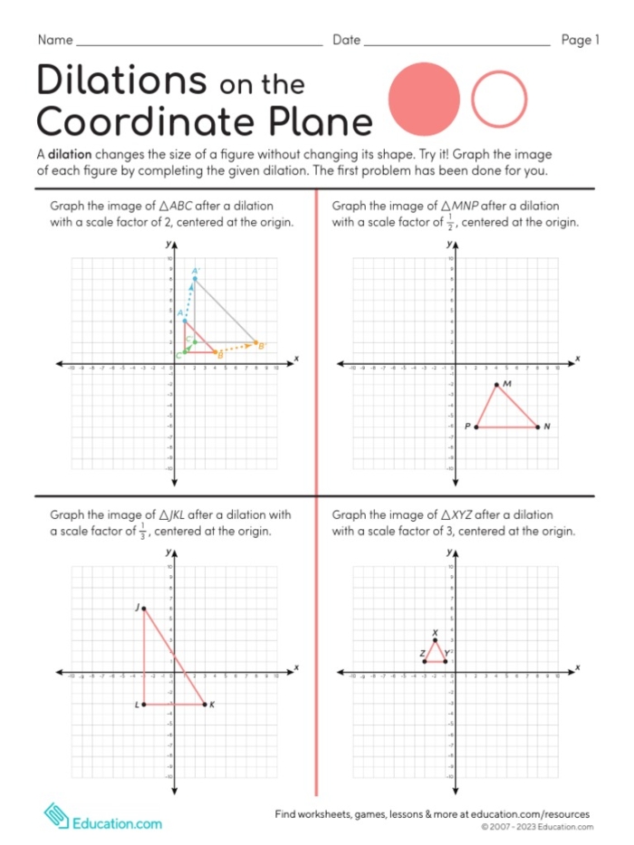 Students graphing figures after dilations centered at the origin in a math worksheet