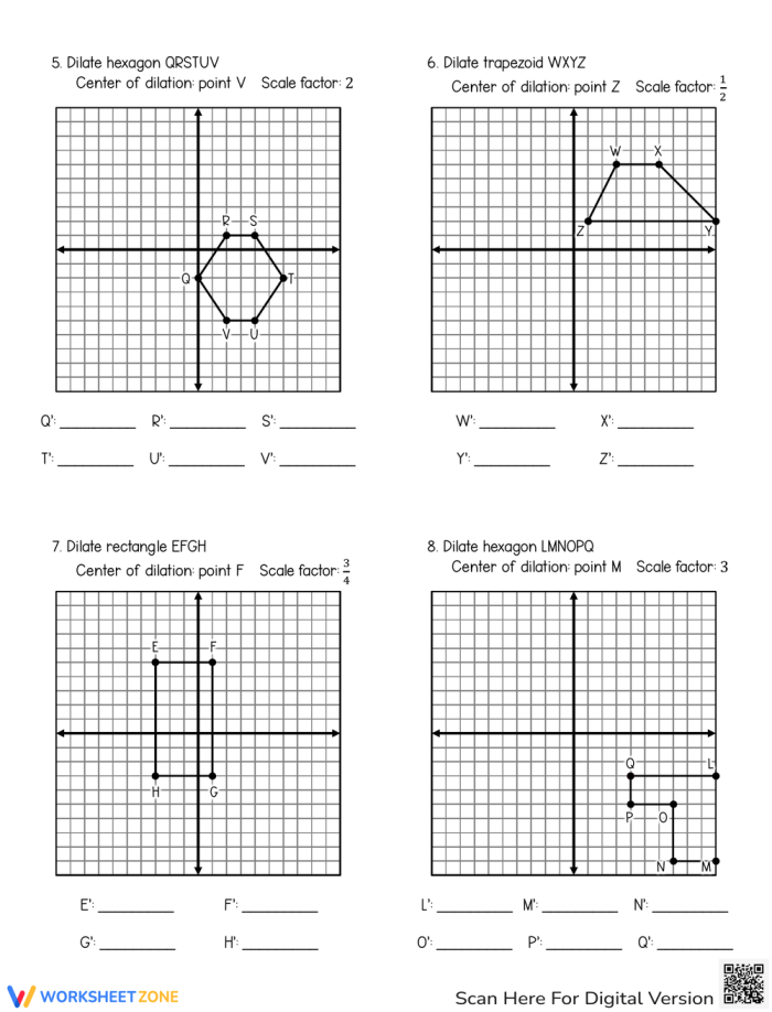Eighth grade math students graphing geometric shapes after dilations centered at the origin on a coordinate plane