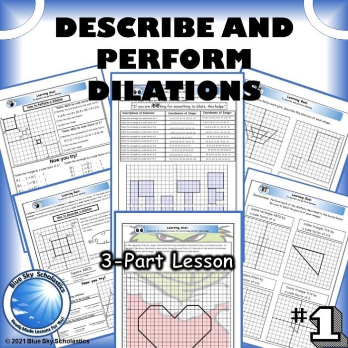 Describing Dilations worksheet for eighth-grade students Eighth-grade geometry worksheet focused on understanding dilations on the coordinate plane