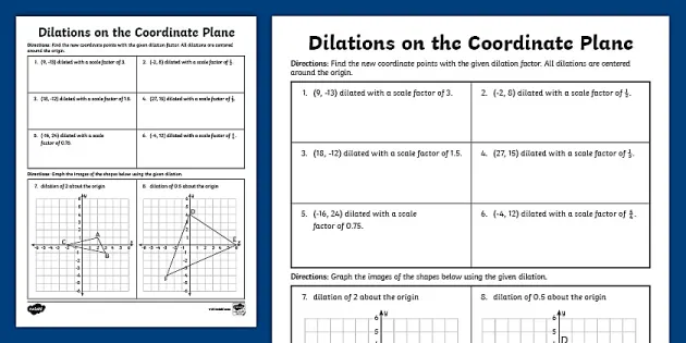 Eighth grade students working on a coordinate plane worksheet focused on geometric dilations centered at the origin