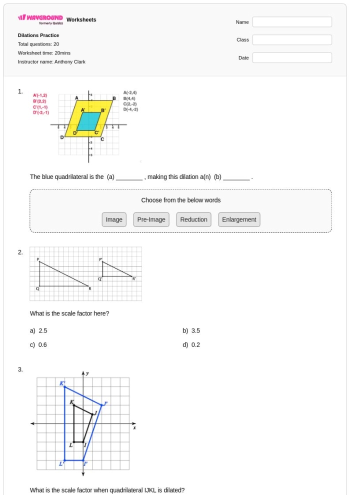 Eighth-grade dilations worksheet designed to enhance understanding of geometric transformations Worksheet focused on dilations in geometry for eighth-grade students on the coordinate plane