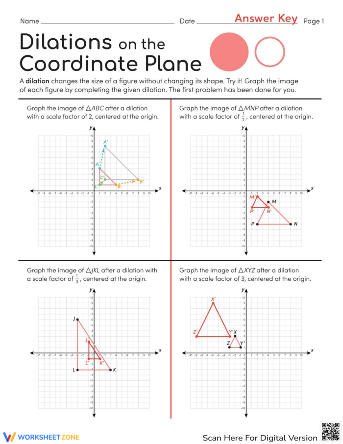 Eighth grade student worksheet showing geometric figures being dilated on a coordinate plane centered at the origin