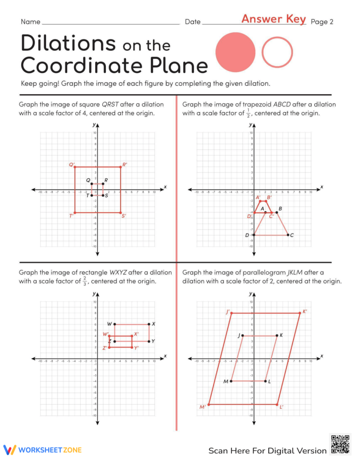 Worksheet featuring dilations on the coordinate plane for eighth-grade students. Practice graphing dilated figures centered at the origin with this educational resource.