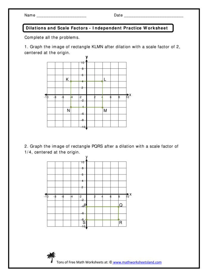 Describing Dilations Worksheet for Eighth Grade Geometry Eighth grade geometry worksheet featuring coordinate plane problems for practicing dilations