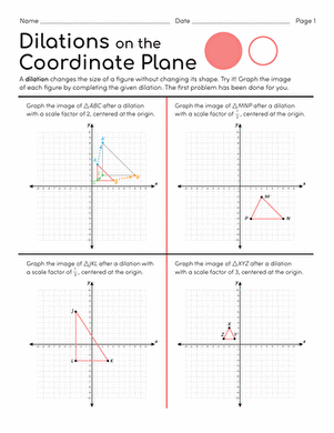 Eighth grade math worksheet showing geometric figures undergoing dilations on a coordinate plane graph