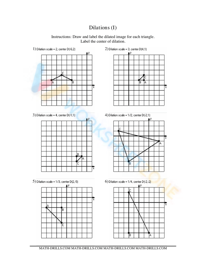Worksheet illustrating dilations on the coordinate plane for eighth-grade students