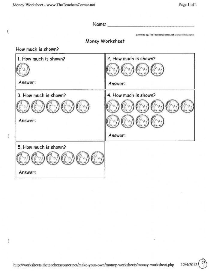 Second grade math worksheet featuring counting practice and place value questions about a dime