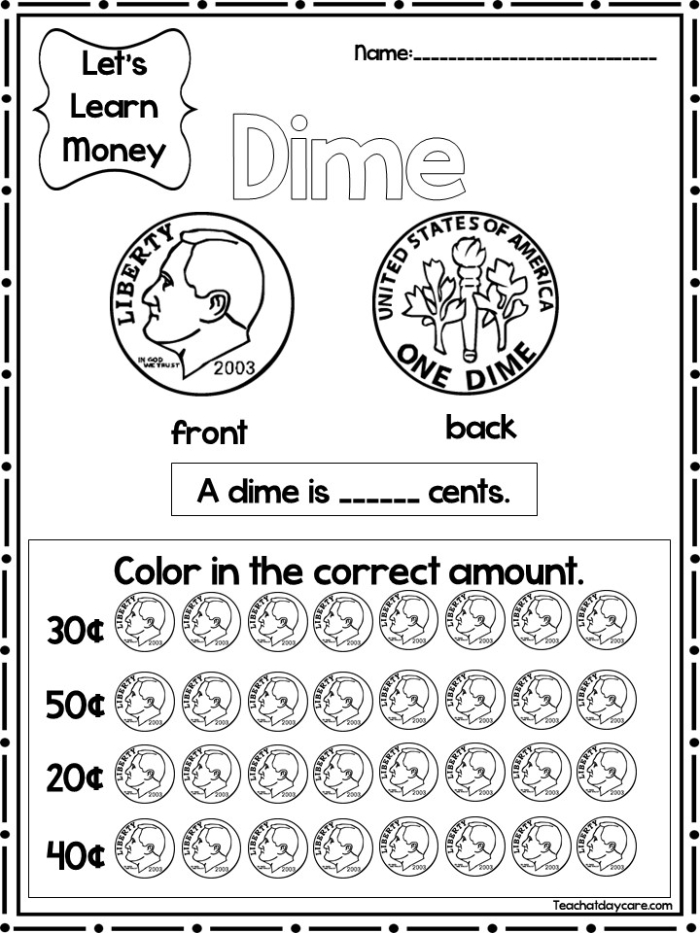 Worksheet for second graders about understanding dimes and their value