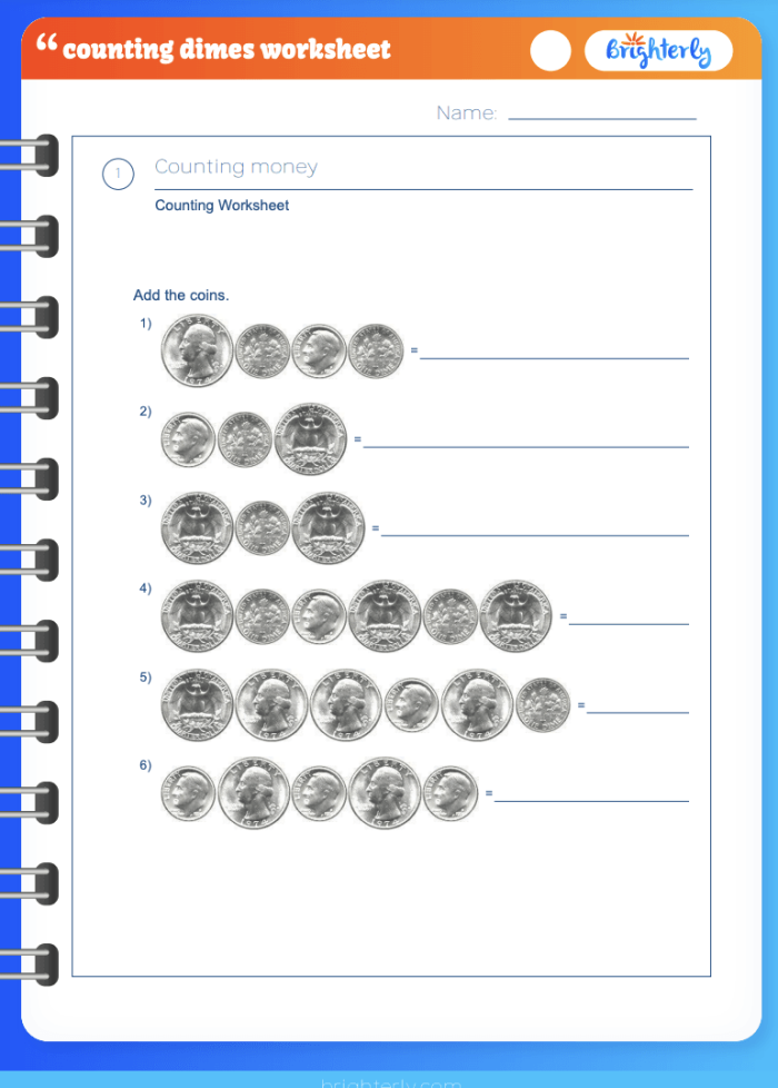 Second grade math worksheet explaining the value of a dime for students