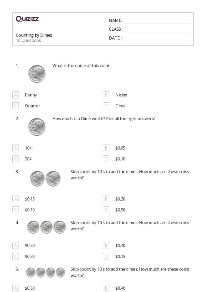 Worksheet for first graders learning to count by tens using dimes
