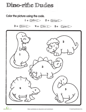 Pre-K dinosaur color by number worksheet for teaching basic counting and color identification