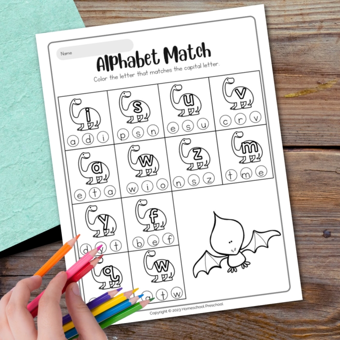 Dinosaur-themed alphabet flashcards for preschool learning