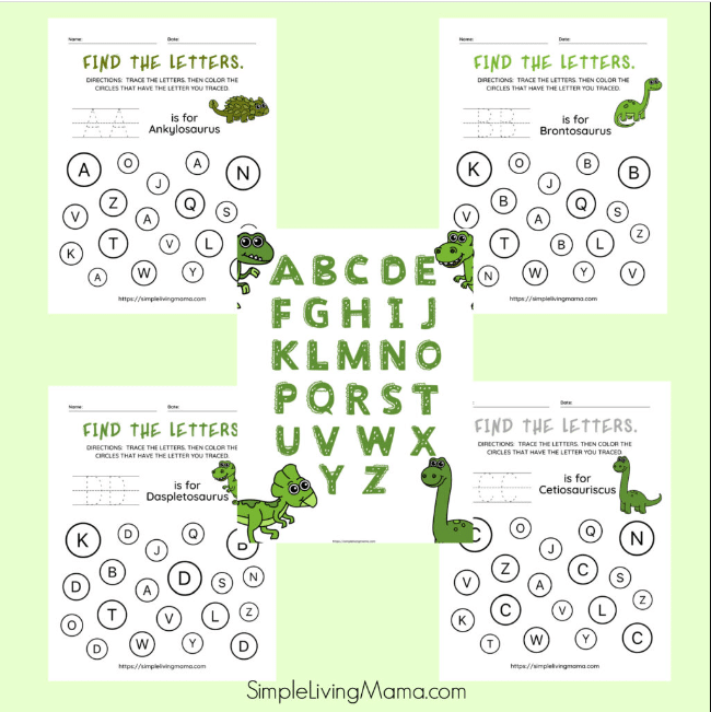 Dinosaur-themed alphabet flashcards designed for Pre-K learning