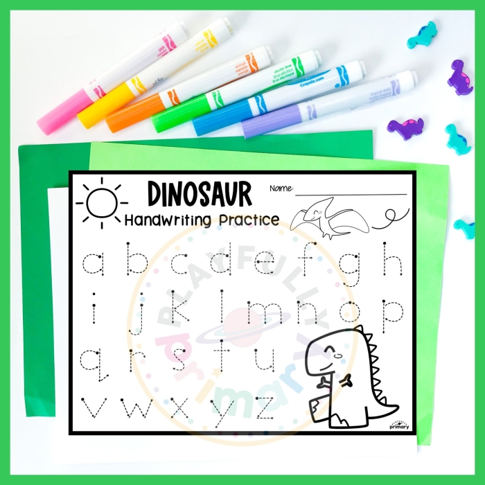Dinosaur alphabet flashcards designed for pre-K learners to engage with their ABCs