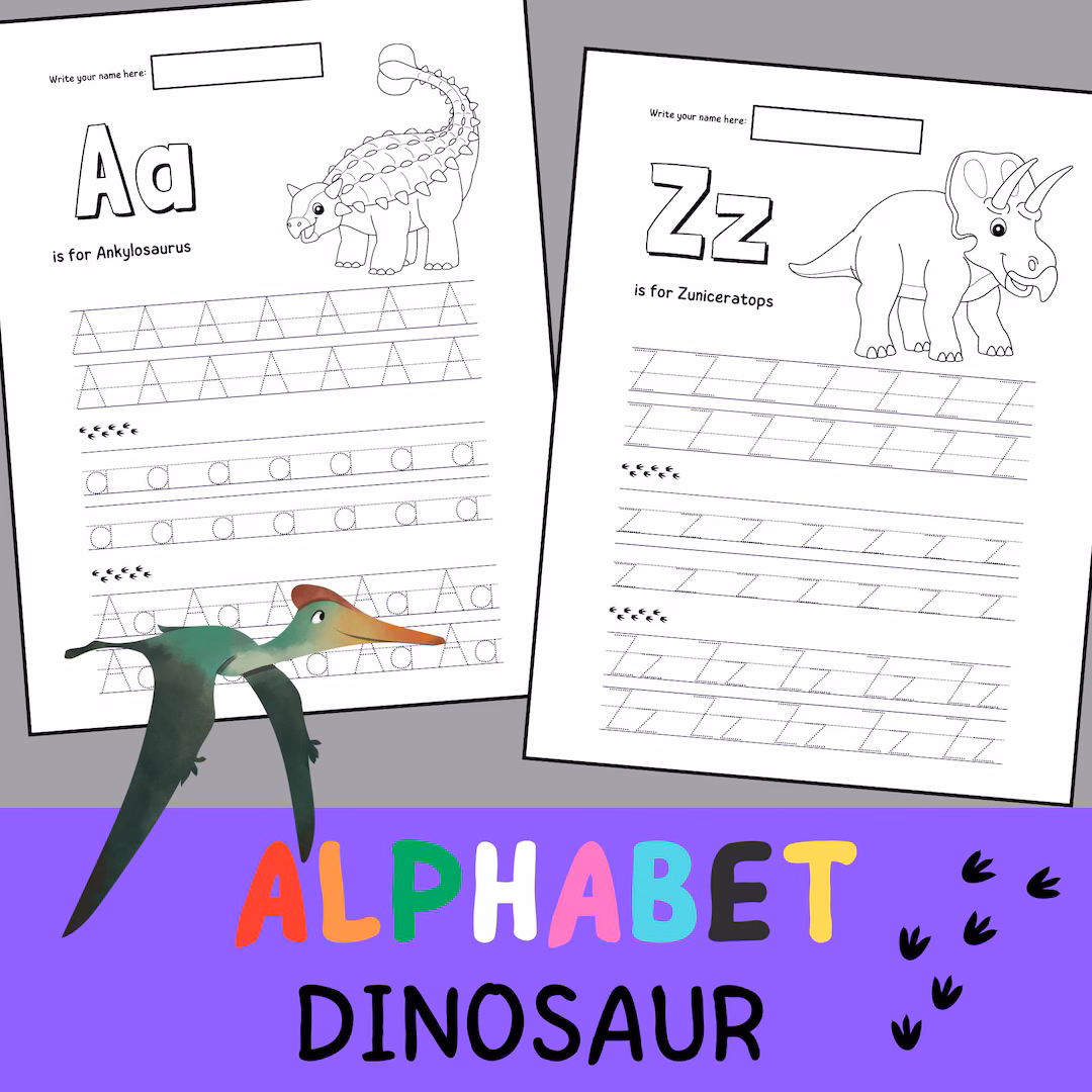 Dinosaur alphabet flashcards designed for Pre-K children to learn their ABCs