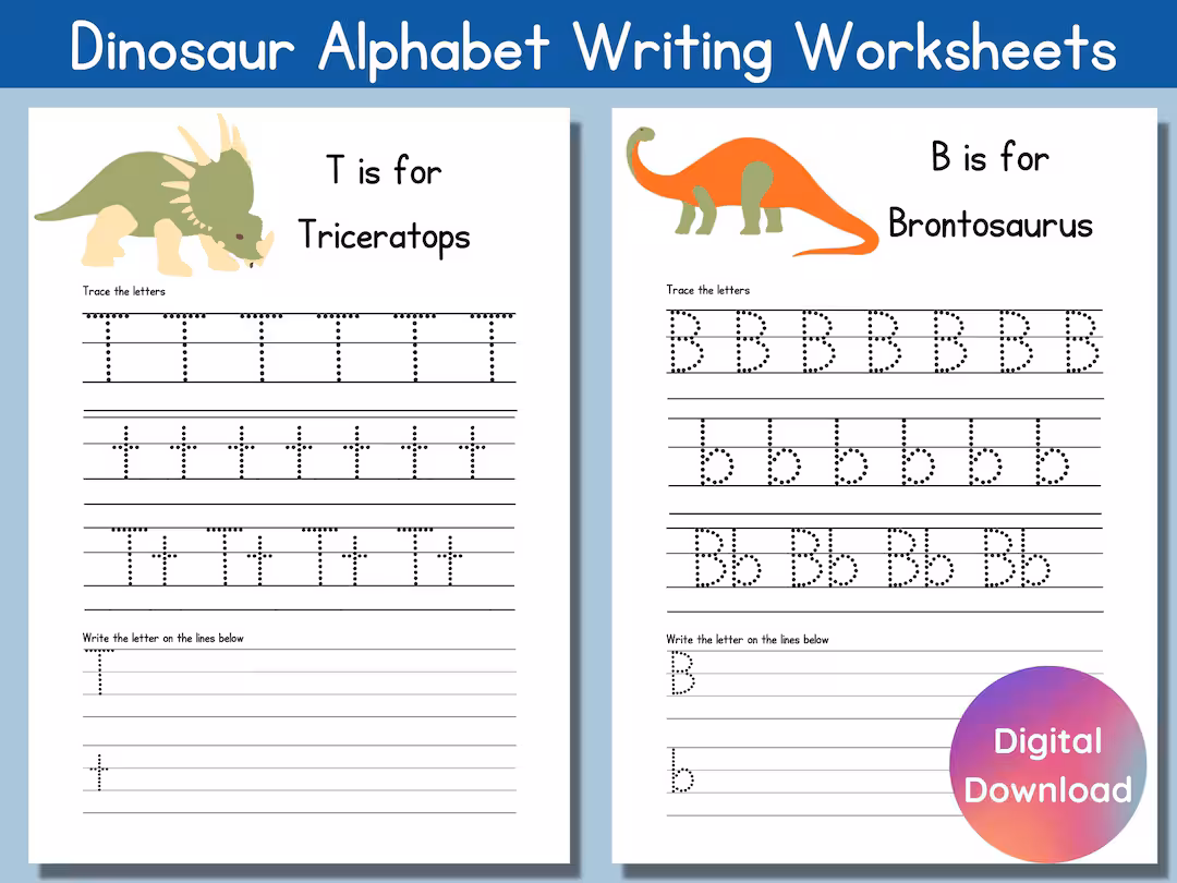 Dinosaur alphabet worksheet featuring colorful flashcards for preschool learners