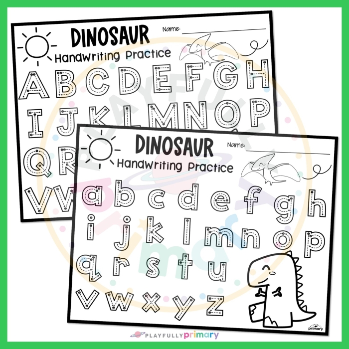 ALT text: Colorful dinosaur alphabet flashcards designed for Pre-K children to learn their ABCs.