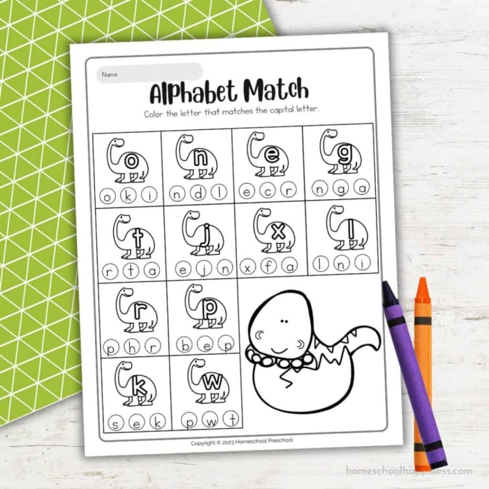 Dinosaur Alphabet worksheet featuring colorful flashcards for preschoolers learning their ABCs
