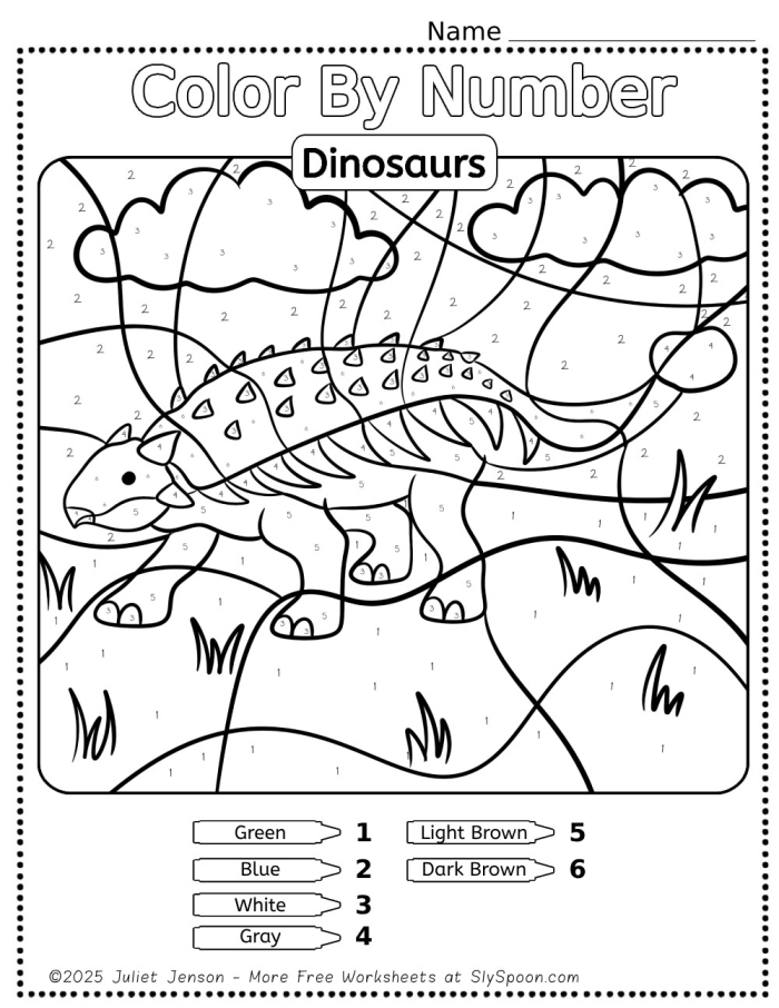 Numbers and Counting worksheet for Pre-K Color By Number dinosaur worksheet for preschoolers, focusing on color and number recognition. Engaging activity for young learners to enhance their fine-motor skills.