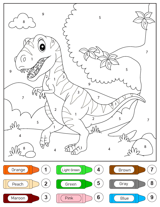 Color by Number Dinosaur Activity Page for Early Learners A kindergarten student coloring a dinosaur picture by matching numbers to specific colors on the worksheet