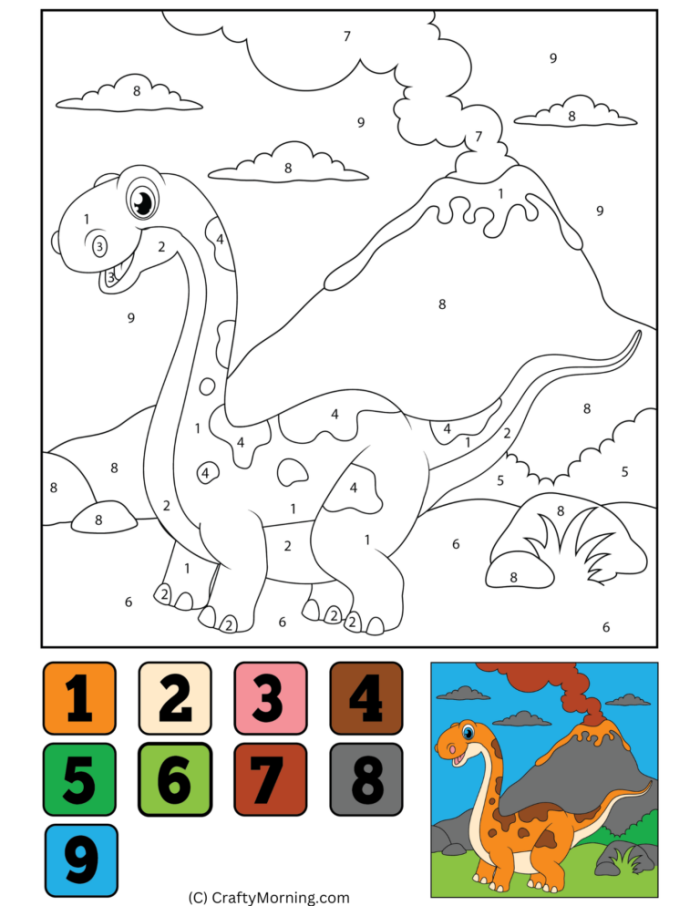 Dinosaur Color by Number Activity Page for Early Learners A kindergarten student coloring a dinosaur worksheet by matching numbers to colors in a prehistoric scene