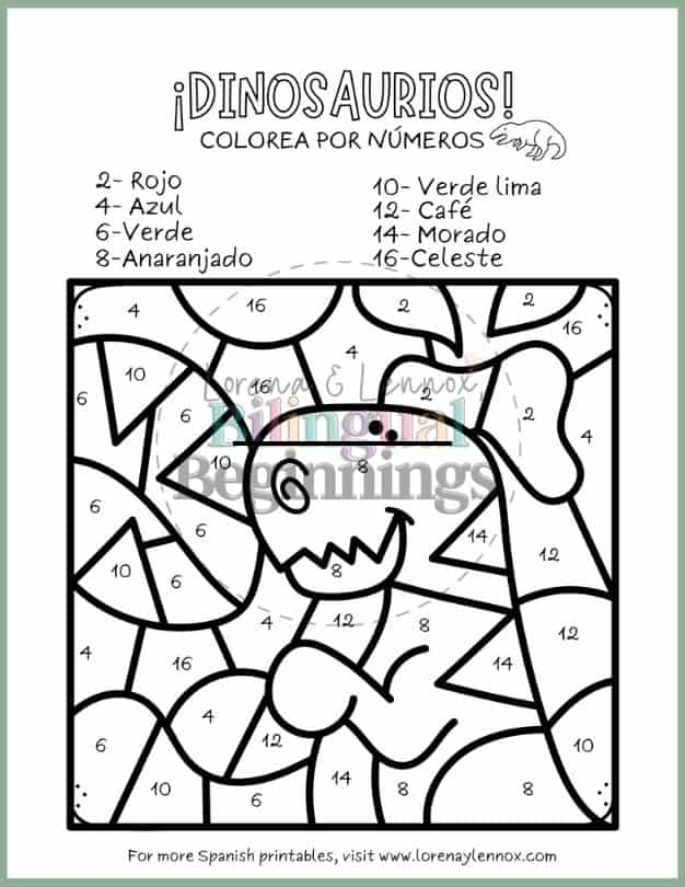 Color by Number The Dinosaur Worksheet Page 23 Kindergarten algebra worksheet featuring a prehistoric dinosaur scene for color by number activity 23