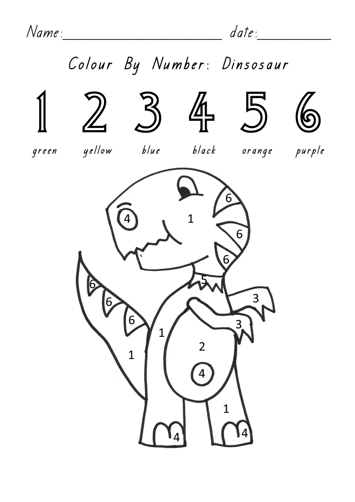 Algebra color by number dinosaur printable for kindergarten activity 13 Kindergarten math worksheet featuring a dinosaur scene to solve by color and number 13