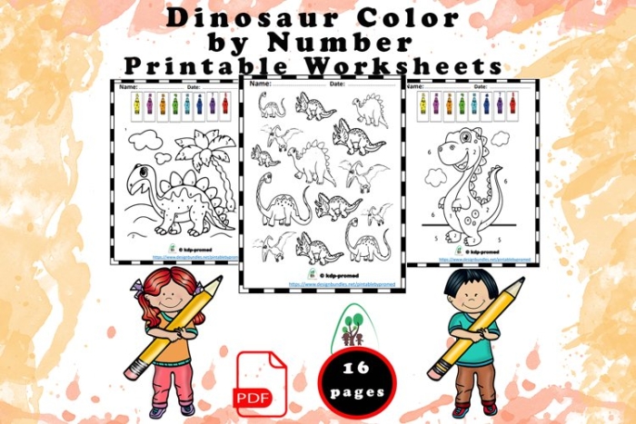 Fun dinosaur-themed coloring activity promoting fine-motor skills and creativity Dinosaur Color By Number worksheet for preschoolers to enhance color and number recognition