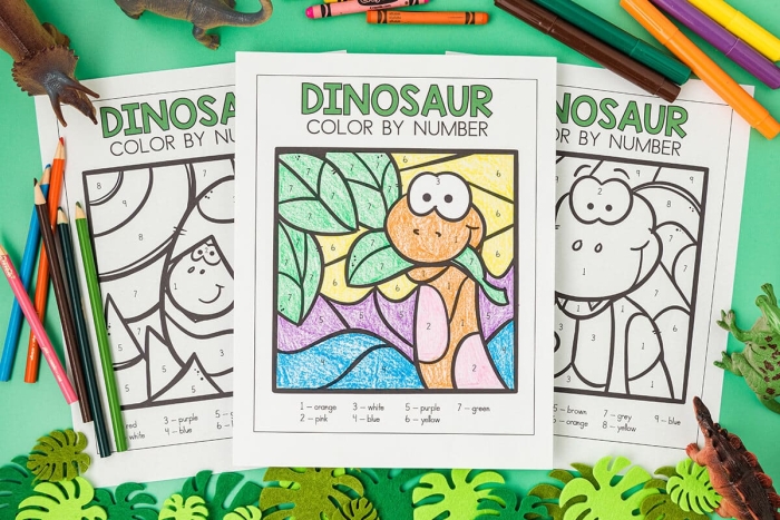 Engaging dinosaur-themed coloring activity for young learners to develop fine motor skills Dinosaur Color By Number worksheet for preschool kids to enhance number and color recognition