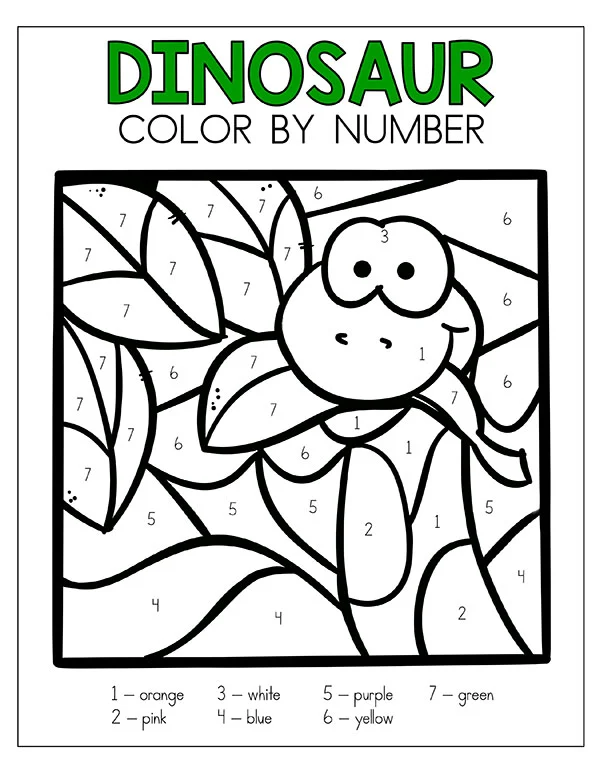 Engaging coloring activity featuring a fun dinosaur for Pre-K children Dinosaur Color By Number worksheet for preschoolers to enhance color and number recognition