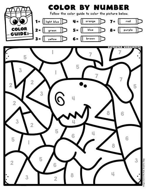 Dinosaur Color By Number Worksheet for Pre-K Kids to Enjoy Coloring and Counting Color By Number worksheet featuring a dinosaur for preschoolers to enhance color and number recognition