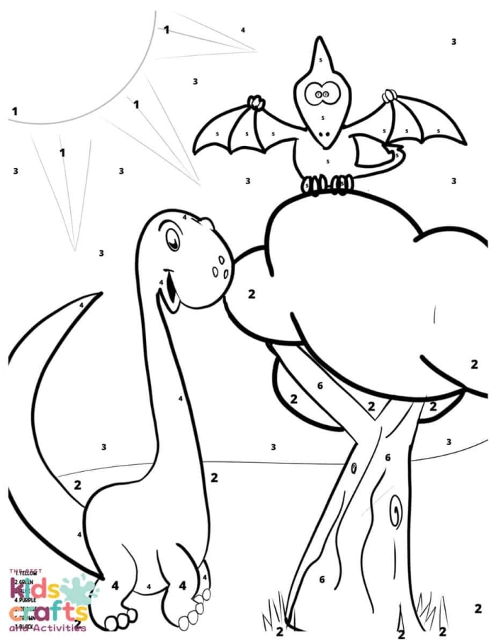 Fun Dinosaur Coloring Activity for Number and Color Recognition in Pre-K Color By Number dinosaur worksheet for preschool kids to practice numbers and colors