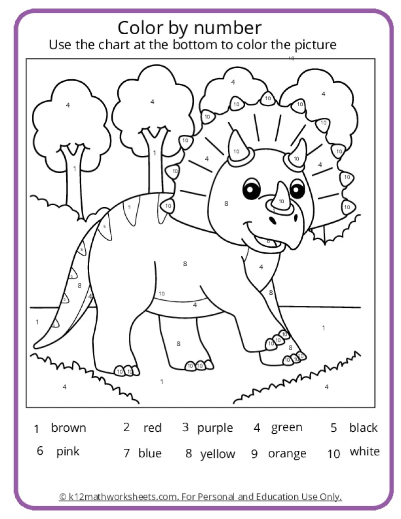 Engaging coloring activity featuring a dinosaur for Pre-K kids to develop fine-motor skills Dinosaur Color By Number worksheet for preschoolers to enhance number and color recognition