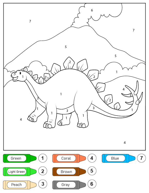 Fun Dinosaur Color By Number Worksheet for Pre-K Learning Coloring worksheet featuring a dinosaur for number and color recognition practice