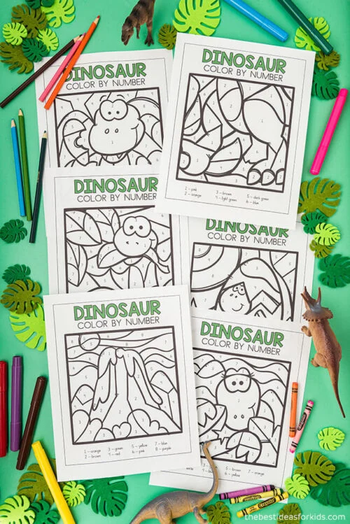 Engaging dinosaur-themed activity sheet for developing color and number recognition skills Dinosaur Color By Number worksheet for preschoolers featuring vibrant colors and numbers