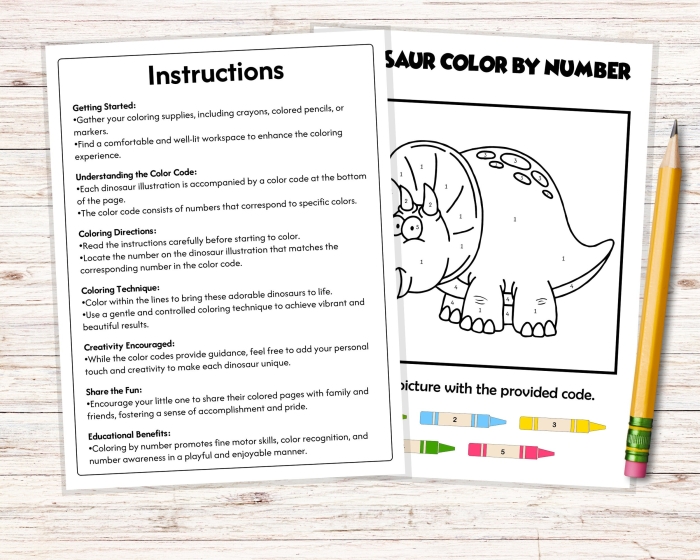Dinosaur Color By Number Worksheet for Pre-K Children Coloring worksheet featuring a dinosaur for number and color recognition