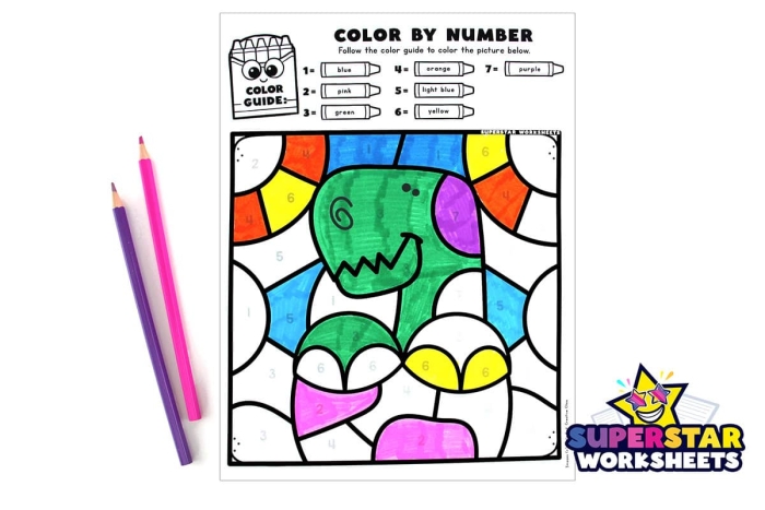 Dinosaur Color by Number Activity Page 15 for Early Learners A kindergarten student coloring a dinosaur worksheet using colors that correspond to different numbers in a prehistoric scene