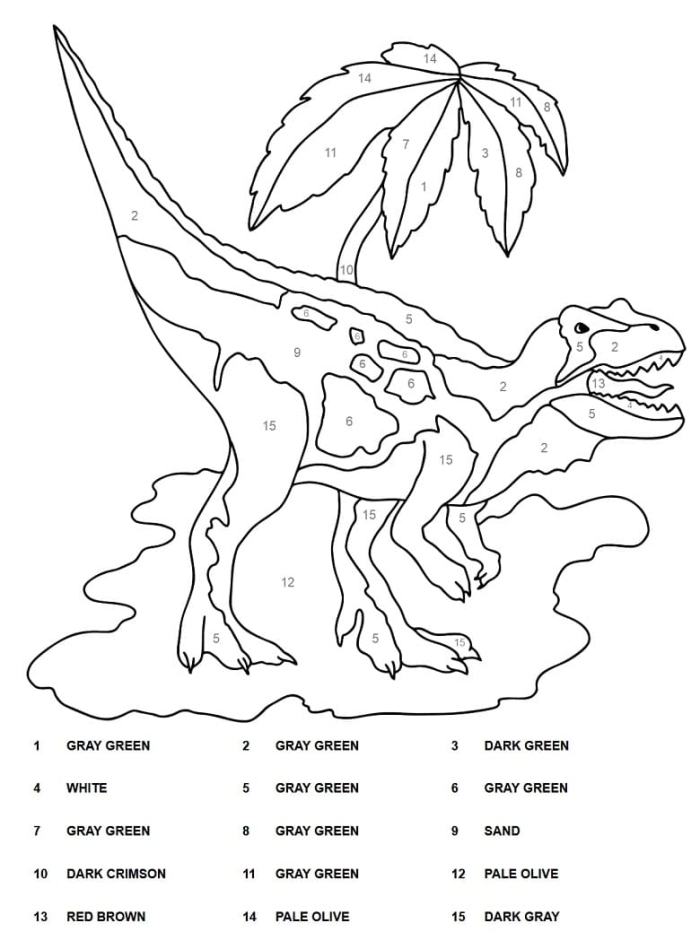 Dinosaur Themed Color by Number Math Worksheet for Kindergarten Students 17 Kindergarten color by number worksheet featuring a friendly dinosaur illustration for algebra practice