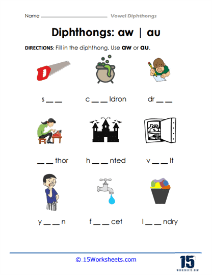 Practice Reading Vowel Diphthongs ow Worksheet Number 6 Second grade student completing a phonics worksheet to practice reading words with the ow diphthong