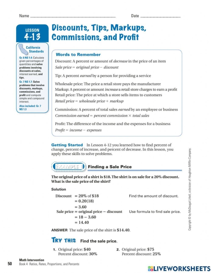 Sixth grade math worksheet showing students how to calculate discounts using decimals and percentages