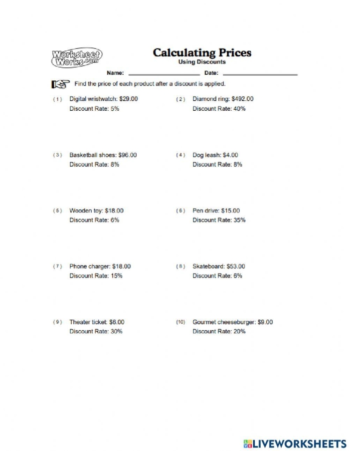 Sixth grade math worksheet showing students how to calculate discounts using decimals and percentages