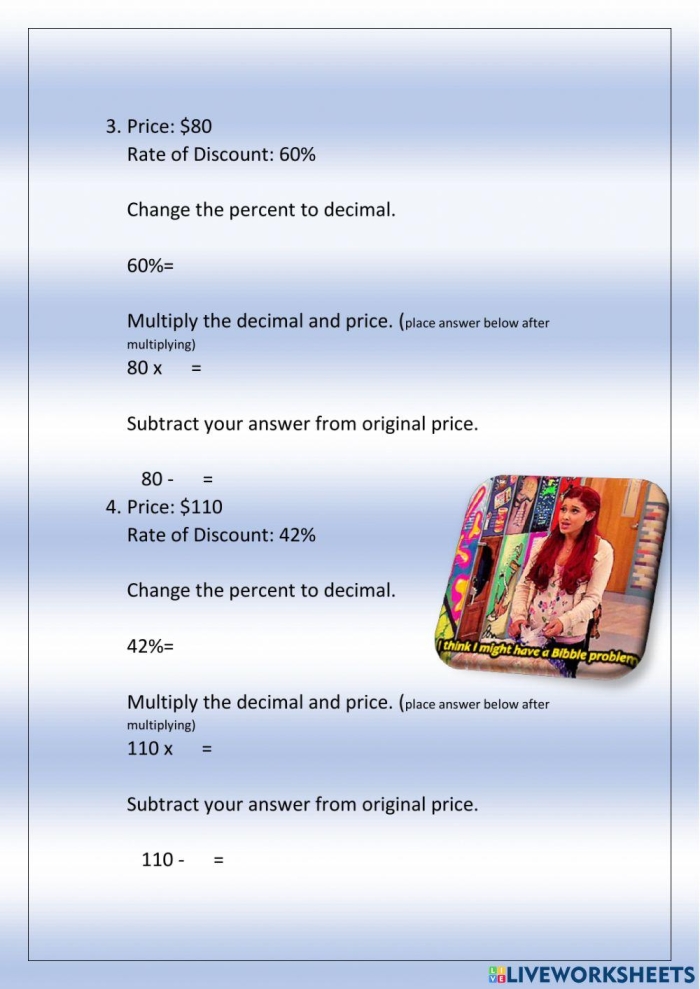 Sixth grade student working through discount calculation problems using percentages and decimals on a math worksheet