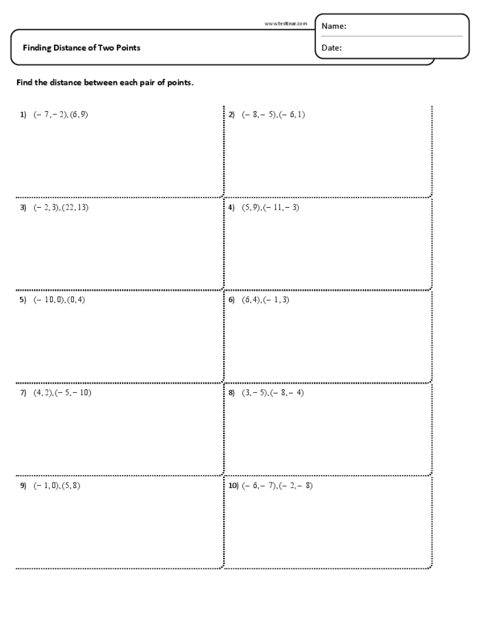 Eighth grade distance between two points geometry worksheet page six