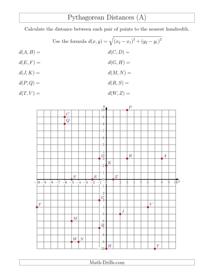 Eighth grade geometry worksheet featuring practice problems on calculating diagonal distances between two coordinate points