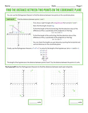 A coordinate plane showing two points connected by a line segment with dashed lines forming a right triangle to demonstrate distance calculation using the Pythagorean theorem