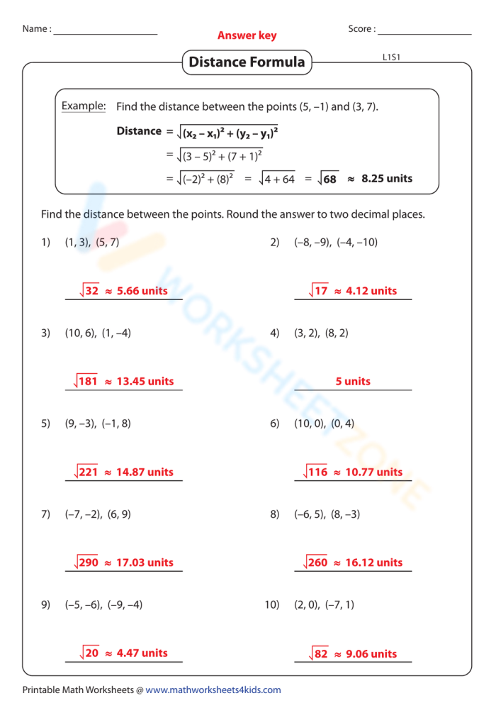 Find the Error Distance Between Two Points Worksheet 13 Eighth grade math worksheet showing how to calculate the distance between two coordinate points using the Pythagorean theorem