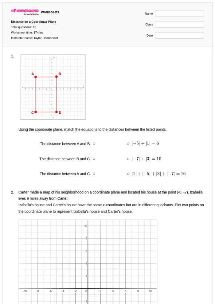 Eighth grade students solving distance between two points geometry problems on a worksheet with coordinate grids