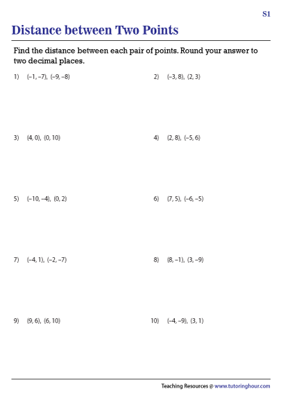 Eighth grade geometry worksheet showing coordinate grid with points and diagonal distance calculations between two locations