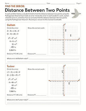 Eighth grade student solving distance between two points problems on a geometry worksheet with coordinate grid